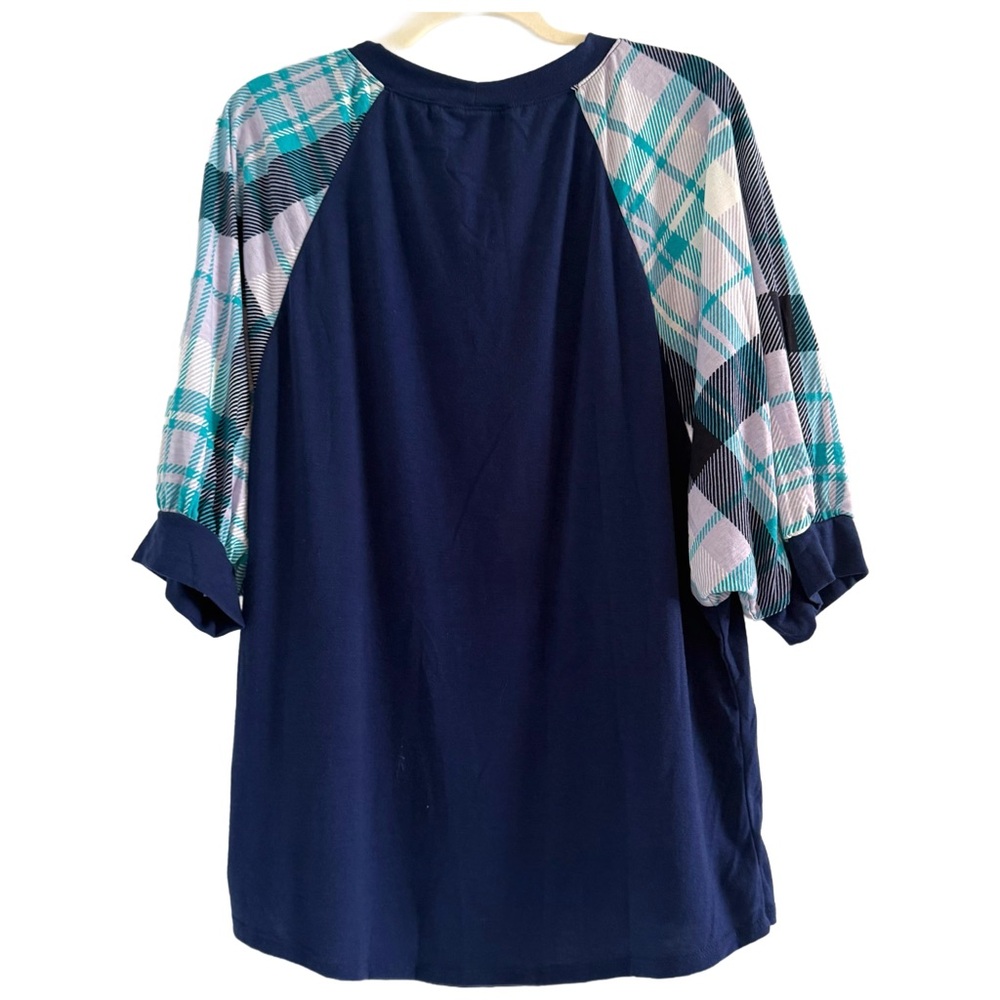 🌻 Emerald Navy Top with Plaid Teal and Light Blue Puff Sleeves - Picture 5 of 9